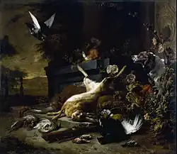 Jan Weenix, Still Life of Game including a Hare, Black Grouse, Partridge, Spaniel, and Pigeon in Flight (c. 1680), 157.2 × 182.2 cm