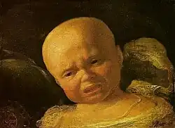 A painting which depicts an upset infant with furrowed brow and mouth opened in a cry