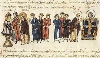 Manuscript illustration of an embassy travelling between two rulers