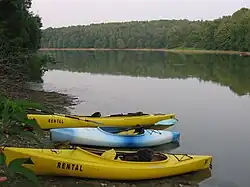 One blue and two yellow kayaks on the shore of a lake, which reflects surrounding pine trees