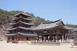 Beopjusa's five story wooden pagoda Palsangjeon and Bell Pavilion