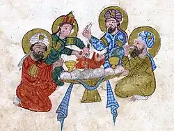 4 Arab men eating food, potentially with murri on.