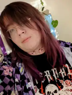 Selfie of maia arson crimew, a young, white person with long, dark hair with tips dyed purple, wearing glasses, a pink choker, a stamped shirt and a purple jacket.