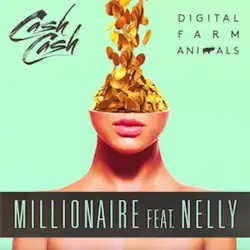 An image of a woman whose head is cut in half above her mouth and is being filled with gold coins falling from above.