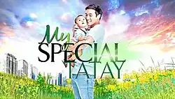 An image of Ken Chan holding a baby, with green grasses on the ground and buildings, a sky and clouds on the background. The series title is displayed on the center of the image.