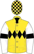 Yellow, black triple diamond, white sleeves, black armlets, black and yellow check cap