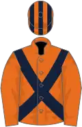 Orange, dark blue cross-belts, orange sleeves, orange cap, dark blue striped