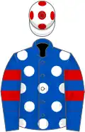Royal blue, white spots on body, two red hoops, white cap, red spots