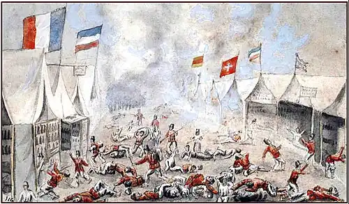Paraguayan soldiers looting' allied base camp (here, sutlers' stores) at the Second Battle of Tuyutí, 3 November 1867. The flags denote the owners' nationalities e.g. Botica Italiana (José Ignacio Garmendia).