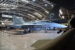 Colour photo of a grey aircraft in a building