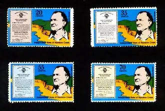 A set of 1979 Rainbow Creek stamps showing Barnes, his secession document, and the creek at the centre of his troubles