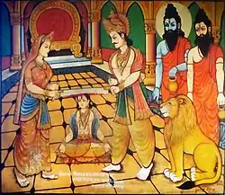 Raja Muraddhawaja (Muratdhawaja) and his wife cutting their son's body (Anga) by a saw (Ara). in the form of saints Shri Krishna and Balram, Arjun as Lion.
