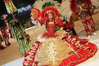 Sinhazinha da fazenda of the Boi Garantido. The sinhazinha da fazenda represents the daughter of the farm owner in the traditional Bumba Meu Boi.