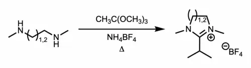 Diamines and orthoesters react in the presence of ammonium tetrafluoroborate to yield saturated NHC precursor salts.[9]