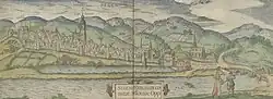 Siegen in 1617. From Braun & Hogenberg, Civitates orbis terrarum Band 6, Cologne, 1617. On the left Siegen Castle.