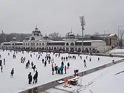 Outdoor ice rink in front a long ornate building