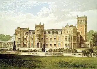 Somerleyton Hall in 1880. The Winter Garden (conservatory) on the left was demolished in 1914