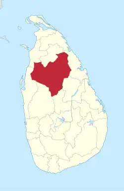 Area map of Anuradhapura District, located somewhat to the north of the centre of the country, in the North Central Province of Sri Lanka
