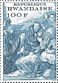 1970 Rwanda stamp featuring The Adoration of the Shepherds by Jose de Riber