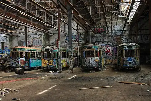 An abandoned tram depot in Sydney. Abandoned structures often have hazards such as unstable floors, roofs, walls and stray voltage. 2010