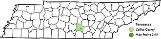 Map of the US state of Tennessee with Coffee County shaded in light green and the approximate location of May Prairie State Natural Area shaded in darker green