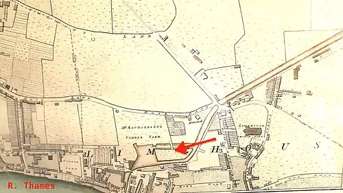 River Thames or Limehouse end, including the basin and its island (arrow)