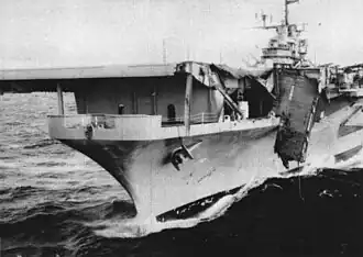 Valley Forge underway with damaged flight deck in January 1959