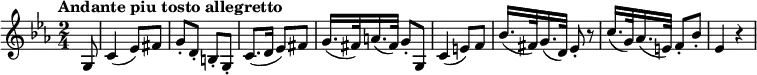  \relative a {  \key c \minor \time 2/4  \tempo "Andante piu tosto allegretto" \tempo 4 = 60 \partial 8 g8 c4 (ees8) fis g\staccato d\staccato b\staccato g\staccato c8. (d16 ees8) fis g16. (fis32) a16. (fis32) g8\staccato g,8 c4 (e8) f bes16. (fis32) g16. (d32) ees8\staccato r8 c'16. (g32) aes16. (e32) f8\staccato bes\staccato ees,4 r4 } 