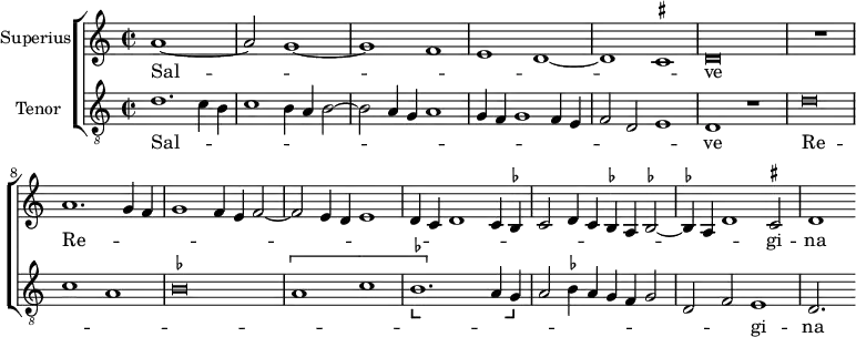  \book {   \paper{     oddFooterMarkup=##f     oddHeaderMarkup=##f     bookTitleMarkup=##f     scoreTitleMarkup=##f   }   \score {     \scaleDurations 1/2 {       \new ChoirStaff <<         \new Staff         \with {           instrumentName = "Superius"           midiPanPosition = #-0.5         }         <<           \new Voice = "Superius"           \relative {             \clef "treble"             \time 2/2             \key a \minor             \set suggestAccidentals = ##t             \override NoteHead.style = #'baroque              a'\breve. g\breve f1 e d\breve cis?1 d\breve R\breve              a'1. g4 f g1 f4 e f1 e4 d e1 d4 c d1 c4 bes? c2 d4 c bes? a bes?2. a4 d1 cis?2 d1           }           \new Lyrics \lyricsto "Superius" {             Sal -- _ _ _ _ _ ve              Re -- \repeat unfold 22 _ gi -- na           }         >>          \new Staff         \with {           instrumentName = "Tenor"           midiPanPosition = #0.5         }         <<           \new Voice = "Tenor"           \relative {             \clef "G_8"             \time 2/2             \key a \minor             \set suggestAccidentals = ##t             \override NoteHead.style = #'baroque              d'1. c4 b c1 b4 a b1 a4 g a1 g4 f g1 f4 e f2 d e1 d r1              d'\breve c1 a bes?\breve \[a1 c bes?1.\startTextSpan\] a4 g\stopTextSpan a2 bes?4 a g f g2 d f e1 d2. s4           }           \new Lyrics \lyricsto "Tenor" {             Sal -- \repeat unfold 17 _ ve              Re -- \repeat unfold 16 _ gi -- na           }         >>       >>     }     \layout {       \context {         \Score         \once \override TextSpanner.direction = #DOWN         \once \override TextSpanner.bound-details.left.text =         \markup { \combine                   \override #'(thickness . 2)                   \draw-line #'(0 . 1)                   \override #'(thickness . 2)                   \draw-line #'(1 . 0) }         \once \override TextSpanner.bound-details.right.text =         \markup { \combine                   \override #'(thickness . 2)                   \draw-line #'(0 . 1)                   \override #'(thickness . 2)                   \draw-line #'(-1 . 0)}         \override TextSpanner.style = #'none       }       \context {         \Voice         \remove "Note_heads_engraver"         \consists "Completion_heads_engraver"       }     }     \midi {       \tempo 1 = 37     }   } } 