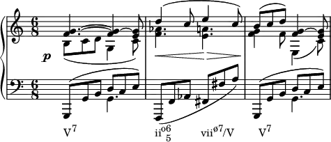  {    #(set-global-staff-size 16)    \new PianoStaff <<       \new Staff <<          \new Voice \relative c' {              \stemUp \time 6/8              <f g>4.^~ <f g>4^~ <e g>8              d'4^( c8 e4 c8)              b^( c d) <f, g>4^~ <e g>8              }          \new Voice \relative c' {              \stemDown               \override DynamicText.X-offset = #-4               \override DynamicLineSpanner.staff-padding = #4               b8_(\p c d g,4 c8)              <f aes>4.\< <e a>4.\>              <f g>4\! f8 e,4_( c'8)               }             >>      \new Staff <<          \new Voice \relative c, {              \clef F \time 6/8              \stemUp g8^( g' b d c e)              \stemNeutral f,,( f' aes fis fis' a)              \stemUp g,,8^( g' b d c e)              }          \new Voice \relative c {              \stemDown              s4._\markup { \concat { "V" \raise #1 \small "7" \hspace #16 "ii" \raise #1 \small "o" \combine \raise #1 \small 6 \lower #1 \small 5 \hspace #6 "vii" \raise #1 \small "ø7" "/V" \hspace #5 "V" \raise #1 \small "7" } } g s2. s4. g              }          >>     >>  } 