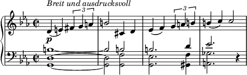  { \new PianoStaff << \new Staff { \set Staff.midiInstrument = #"piano" \key c \minor \clef treble \time 2/2 \set Score.tempoHideNote = ##t \stemUp \tempo 2 = 55          <> \p<> ^\markup \italic {"Breit und ausdrucksvoll" } d'4( e') \tuplet 3/2 { fis' g' a' }          b'2 cis'4 d'          ees'( f') \tuplet 3/2 { g' a' b' }          b'( c'') c''2 }   \new Staff <<     \new Voice \relative c' { \stemUp \clef bass \key c \minor \time 2/2     b1~      b2 b2     b2. d4     ees2. r4 }     \new Voice \relative c { \stemDown     <g d'>1~     <g d'>2 <g f'>2     <g ees'>2. <gis f'>4     <a ges'>2. r4 } >>  >> } 