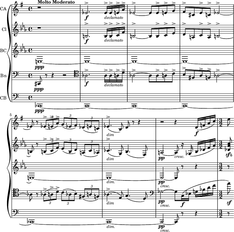 { \new PianoStaff << \new Staff \with { instrumentName="CA"} \relative c' { \set Score.tempoHideNote = ##t \tempo 2 = 35 \set Staff.midiInstrument = #"english horn" \set Staff.midiMinimumVolume = 0.2 \set Staff.midiMaximumVolume = 0.7 \key e \minor \clef treble \time 4/4 r1^\markup { \bold "Molto Moderato" } ees2.^\accent\f ees16^\accent_\markup { \italic \small declamato } ees^\accent e^\accent a^\accent | ees2^\accent~ ees8 ees^\accent e^\accent g^\accent | fis^\accent cis e^\accent c^\accent ees2^\accent~ | ees8 r8 \tuplet 3/2 {ees^\accent\=1( e^\accent a^\accent\=1)} \tuplet 3/2 {g\=1( ees fis\=1)} \tuplet 3/2 {des\=1( e c!\=1)} | ees4.^\accent\=1(_\markup {\italic \smaller"dim" } b8\=1) d8 r8 r4 | r2 r4 d16\f\=1( f a c\=1)| \time 3/2 e8 } \new Staff \with { instrumentName="Cl"} \relative c' { \set Staff.midiInstrument = #"clarinet" \set Staff.midiMinimumVolume = 0.2 \set Staff.midiMaximumVolume = 0.7 \transposition a \key c \minor \clef treble \time 4/4 r1 b2.^\accent\f b16^\accent_\markup { \italic \small declamato } b^\accent c^\accent f^\accent | b,2^\accent~ b8 b^\accent c^\accent ees^\accent | d^\accent a c^\accent a^\accent b2^\accent~ | b8 r8 \tuplet 3/2 {b^\accent\=1( c^\accent f^\accent\=1)} \tuplet 3/2 {ees\=1( b d\=1)} \tuplet 3/2 {a\=1( c aes\=1)} | ces4.^\accent\=1(_\markup {\italic \smaller"dim" } g8\=1) bes4.\=1( f8\=1) | a2\pp~ a8_\markup {\italic \smaller "cresc."} r16 ges16\=1( bes des f aes\=1) | < des, aes' c >8\sfz } \new Staff \with { instrumentName="BC"} \relative c' { \set Staff.midiInstrument = #"clarinet" \set Staff.midiMinimumVolume = 0.2 \set Staff.midiMaximumVolume = 0.7 \transposition a \key c \minor \clef treble \time 4/4 e,1\ppp\=1~| e~ | e~ | e~ | e~ | e~_\markup {\italic \smaller "dim." } | e2~\pp_\markup{\italic \smaller "cresc."} e8 r8 r4 r8 } \new Staff \with { instrumentName="Bn"} \relative c' { \set Staff.midiInstrument = #"bassoon" \set Staff.midiMinimumVolume = 0.2 \set Staff.midiMaximumVolume = 0.7 \key c \major \clef bass \time 4/4 cis,,8\ppp r8 r4 r2 \set Staff.clefGlyph = "clefs.C" des'2.^\accent\f des16^\accent_\markup { \italic \small declamato } des^\accent d^\accent g^\accent | des2^\accent~ des8 des^\accent d^\accent f^\accent | e^\accent bis d^\accent b^\accent des2^\accent~ | des8 r8 \tuplet 3/2 {des^\accent\=1( d^\accent g^\accent\=1)} \tuplet 3/2 {f\=1( des e\=1)} \tuplet 3/2 {bis\=1( d b\=1)} | des4.^\accent\=1(_\markup {\italic \smaller"dim" } a8\=1) c4.\=1( g8\=1) | \set Staff.clefGlyph = "clefs.F" ges'2\pp_\markup {\italic \smaller "cresc."}~ ges8 c,16\f\=1( ees g bes d f | a8\=1)\sf } \new Staff \with { instrumentName="CB"} \relative c' { \set Staff.midiInstrument = #"bassoon" \set Staff.midiMinimumVolume = 0.2 \set Staff.midiMaximumVolume = 0.7 \key c \major \clef bass \time 4/4 ces,,1\ppp\=1~| ces1~ | ces1~ | ces1~ | ces1~ | ces1~_\markup {\italic \smaller "dim." } | ces2~\pp_\markup{\italic \smaller "cresc."} ces8 r8 r4 r8 } >> }
