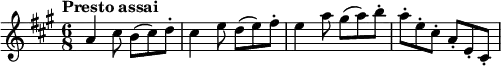  \relative a'' {  \key a \major \time 6/8  \tempo "Presto assai" \tempo 8 = 480 a,4 cis8 b (cis) d\staccato cis4 e8 d (e) fis\staccato  e4 a8 gis (a) b\staccato  a\staccato  e\staccato  cis\staccato  a\staccato e\staccato  cis\staccato  } 