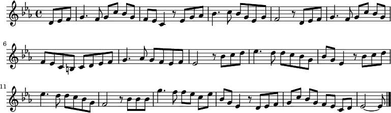 \new Staff \relative d'{      \clef "treble" \key es \major \time 4/4 \partial 4. d8 [ es8 f8 ] | % 1     g4. f8 g8 [ c8 ] bes8 [ g8 ] | % 2     f8 [ es8 ] c4 r8 es8 [ g8 as8 ] | % 3     bes4. c8 bes8 [ g8 es8 g8 ] | % 4     f2 r8 d8 [ es8 f8] | % 5     g4. f8 g8 [ c8 ] bes8 [ g8 ] \break | % 6     f8 [ es8 c8 b8 ] c8 [ d8 es8 f8 ] | % 7     g4. as8 g8 [ f8 es8 f8 ] | % 8     es2 r8 bes'8 [ c8 d8 ] | % 9     es4. d8 d8 [ c8 bes8 g8 ] | \barNumberCheck #10     bes8 [ g8 ] es4 r8 bes'8 [ c8 d8 ] \break | % 11     es4. d8 d8 [ c8 bes8 g8 ] | % 12     f2 r8 bes8 [ bes8 bes8 ] | % 13     g'4. f8 f8 [ es8 ] c8 [ es8 ] | % 14     bes8 [ g8 ] es4 r8 d8 [ es8 f8 ] | % 15     g8 [ c8 ] bes8 [ g8 ] f8 [ es8 ] c8 [ d8 ] | % 160     es2 ~ es8 \bar "|." }