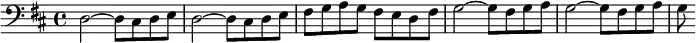  {  \time 4/4  \set Score.tempoHideNote = ##t \tempo 4 = 160 \clef "bass" \key d \major  d2~ d8 cis d e | d2~ d8 cis d e | fis g a g fis e d fis | g2~ g8 fis g a | g2~ g8 fis g a | g } 