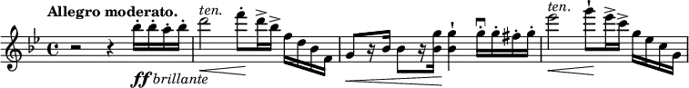  \relative c' { \key bes \major \time 4/4 \tempo "Allegro moderato."  r2 r4 bes''16-._\markup { \dynamic ff \italic brillante } bes-. a-. bes-. d2\< ^\markup \italic ten. f8-.\! d16-> bes-> f d bes f  g8\<[ r16 bes] bes8[ r16 <g' bes,>\!] <g bes,>4-! g16-.\downbow g-. fis-. g-. es'2\< ^\markup \italic ten. g8-!\! es16-> c-> g es c g } 