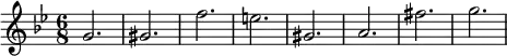  {     \relative c'' {         \time 6/8 \key bes \major         g2. gis f' e gis, a fis' g     } } 