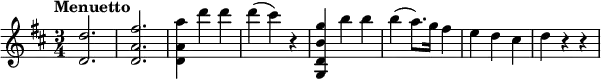  \relative c'' { \set Score.tempoHideNote = ##t \tempo "Menuetto" 4=130 \key d \major \time 3/4   <d d,>2. <fis a, d,> <a a, d,>4 d d d( cis) r   <g b, d, g,> b b b( a8.) g16 fis4 e d cis d r r } 