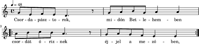  \header {      tagline = "" 	} dallam = {    \relative c'' {       \key a \minor       \time 4/4       \tempo 4 = 48       \transposition c'       \set Staff.midiInstrument = "accordion" %     Csordapasztorok,   midon Betlehemben           g8 e f e d4. r8 g8 a b g a4 a           \break           \repeat volta 2 { %       csordat oriznek   ejjel a mezoben           a8 b c b a4. r8 g8 a g f e4 e           }    } } \score {    <<    \dallam    \addlyrics {         Csor -- da -- pász -- to -- rok, mi -- dőn Bet -- le -- hem -- ben         csor -- dát ő -- riz -- nek éj -- jel a me -- ző -- ben,         csor -- dát ő -- riz -- nek éj -- jel a me -- ző -- ben,       }    >>    \header {      title = "Csordapásztorok" %     composer = "Erkel Ferenc" %     poet = "Kölcsey Ferenc"    }    \layout {         indent = 0.0\cm         } } \score {    \unfoldRepeats    \dallam    \midi { } } 