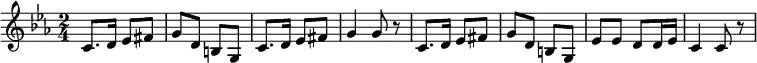  \relative a {  \key c \minor \time 2/4  \tempo "" \tempo 4 = 60 c8. d16 ees8 fis g d b g c8. d16 ees8 fis g4 g8 r c,8. d16 ees8 fis g d b g ees' ees d d16 ees c4 c8 r } 