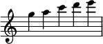  \relative c''' {   \time 5/4   \omit Score.TimeSignature   g a c d e } 