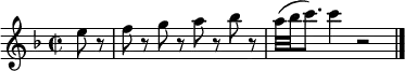 \relative c'' {   \time 2/2 \key f \major   \partial 4 e8 r |   f8 r g r a r bes r |   a32( bes c8.) c4 r2 | \bar "|." } 