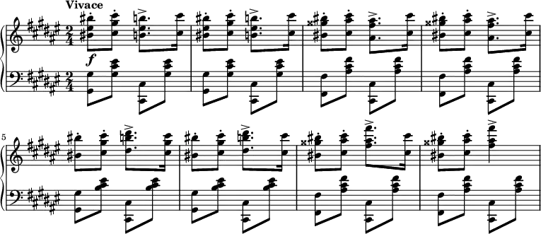 \relative c { \new PianoStaff << \new Staff { \key fis \major \time 2/4 \set Score.tempoHideNote = ##t \tempo "Vivace" 4 = 140 \relative c'' { <bis eis bis'>8-. <cis gis' cis>-. <b eis b'>8.-> <cis cis'>16 | <bis eis bis'>8-. <cis gis' cis>-. <b eis b'>8.-> <cis cis'>16 | <bis gisis' bis>8-. <cis ais' cis>-. <ais fis' ais>8.-> <cis cis'>16 | <bis gisis' bis>8-. <cis ais' cis>-. <ais fis' ais>8.-> <cis cis'>16 | <bis bis'>8-. <cis gis' cis>-. <dis b' dis>8.-> <cis gis' cis>16 | <bis bis'>8-. <cis gis' cis>-. <dis b' dis>8.-> <cis cis'>16 | <bis gisis' bis>8-. <cis ais' cis>-. <fis ais fis'>8.-> <cis cis'>16 | <bis gisis' bis>8-. <cis ais' cis>-. <fis ais fis'>4-> | } } \new Dynamics { s4\f } \new Staff { \key fis \major \time 2/4 \clef bass \relative c { <gis gis'>8 <gis' cis eis> <cis, cis,> <gis' cis eis> | <gis, gis'>8 <gis' cis eis> <cis, cis,> <gis' cis eis> | <fis, fis'>8 <ais' cis fis> <cis, cis,> <ais' cis fis> | <fis, fis'>8 <ais' cis fis> <cis, cis,> <ais' cis fis> | <gis, gis'>8 <b' cis eis> <cis, cis,> <b' cis eis> | <gis, gis'>8 <b' cis eis> <cis, cis,> <b' cis eis> | <fis, fis'>8 <ais' cis fis> <cis, cis,> <ais' cis fis> | <fis, fis'>8 <ais' cis fis> <cis, cis,> <ais' cis fis> | } } >> }