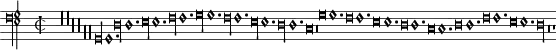 \paper{ oddFooterMarkup=##f oddHeaderMarkup=##f bookTitleMarkup=##f scoreTitleMarkup=##f } #(ly:set-option 'resolution 600) mensuralTightSetting = { \override Score.SpacingSpanner #'base-shortest-duration = #(ly:make-moment 1 2) \override Score.SpacingSpanner #'common-shortest-duration = #(ly:make-moment 1 2) \override Score.SpacingSpanner #'shortest-duration-space = #1.5 \override Score.SpacingSpanner #'spacing-increment = #0.05 \override NoteSpacing #'stem-spacing-correction = #0.0 \override Score.BarLine #'stencil = #empty-stencil \override Score.BarNumber #'stencil = #empty-stencil } \book { \score { \new MensuralVoice \relative { \set Score.timing = ##f \override NoteHead.style = #'petrucci \override Rest.style = #'mensural \override Staff.TimeSignature.style = #'mensural \mensuralTightSetting \clef "petrucci-f4" \time 2/2 \override Score.Rest.Y-offset = #1 r\longa r \override Score.Rest.Y-offset = #0 r r \override Score.Rest.Y-offset = #-1 r r g,\longa g1. d'\longa d1. e\longa e1. f\longa f1. g\longa g1. f\longa f1. e\longa e1. d\longa d1. c\breve \once \override Score.Rest.Y-offset = #-1 r\breve g'\breve g1. f\breve f1. e\breve e1. d\breve d1. c\breve c1. d\breve d1. f\breve f1. e\breve e1. d\longa r\breve \once \override Score.Rest.Y-offset = #0 r1 } \layout {} \midi { \tempo \breve = 60 } } }