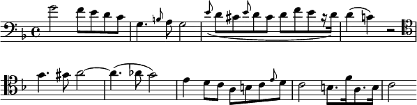   { \relative c' { \clef bass \key f \major   g'2 f8 e d c | g4. \grace b8 a g2 | \grace e'8( d cis \grace e d cis d[ f e r16 d16]) | d4( c!) r2 | \clef tenor g'4. gis8 a2 ~ a4.( aes8 g2) | e4 d8 c a b c \grace e d | c2 b8.[ f'16 a,8. b16] | c2 } } \layout { \context {\Score \omit BarNumber} line-width = #150 } 