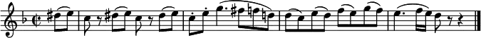  \relative c'' {   \time 2/2 \key f \major   \partial 4 dis8( e) |   \repeat unfold 2 { c8 r dis( e) } |   c8-. e-. g4.( fis8 f d!) |   d8( c) e( d) f( e) g( f) |   e4.( f16 e) d8 r r4 | \bar "|." } 