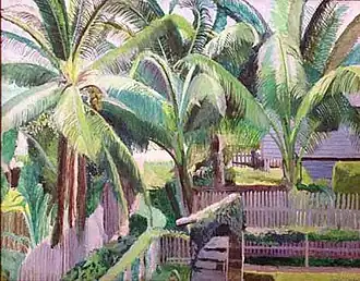 "Public Road, Kitty, Georgetown" by Leila Locke. Acrylic on canvas stretched over board, 73 x 50cm, painted by Leila Locke c.1973, Guyana. Destroyed in fire 2017.