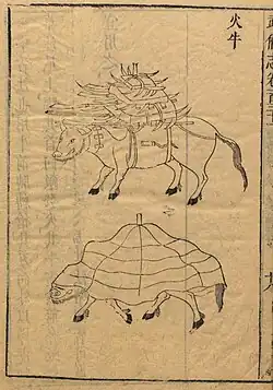 A fire ox with a shrapnel bomb containing numerous blades