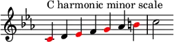 { \override Score.TimeSignature #'stencil = ##f \relative c' {   \clef treble \time 7/4 \key c \minor   \once \override NoteHead.color = #red c4^\markup { "C harmonic minor scale" } d \once \override NoteHead.color = #red es f \once \override NoteHead.color = #red g aes \once \override NoteHead.color = #red b c2 } } 