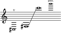 { \new Staff \with { \remove "Time_signature_engraver" } \clef treble \key c \major \cadenzaOn \tweak font-size #-2 cis1 \finger \markup \text "V" fis1 \glissando c'''1 \tweak font-size #-2 g'''1 \finger \markup \text "poss." }